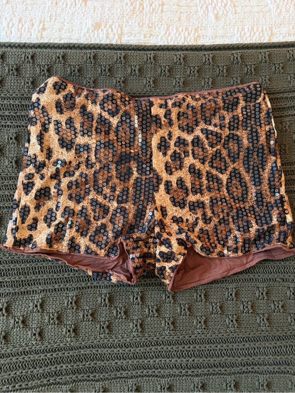 Sequin Leopard Print Rave Shorts - Brown